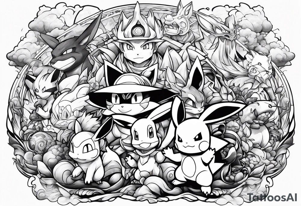 Several pokemon including Pikachu squirtle mew lucario and mewtwo disguised as a manga character such as kamado tanjiro, son goku, naruto uzumaki, gojo tattoo idea