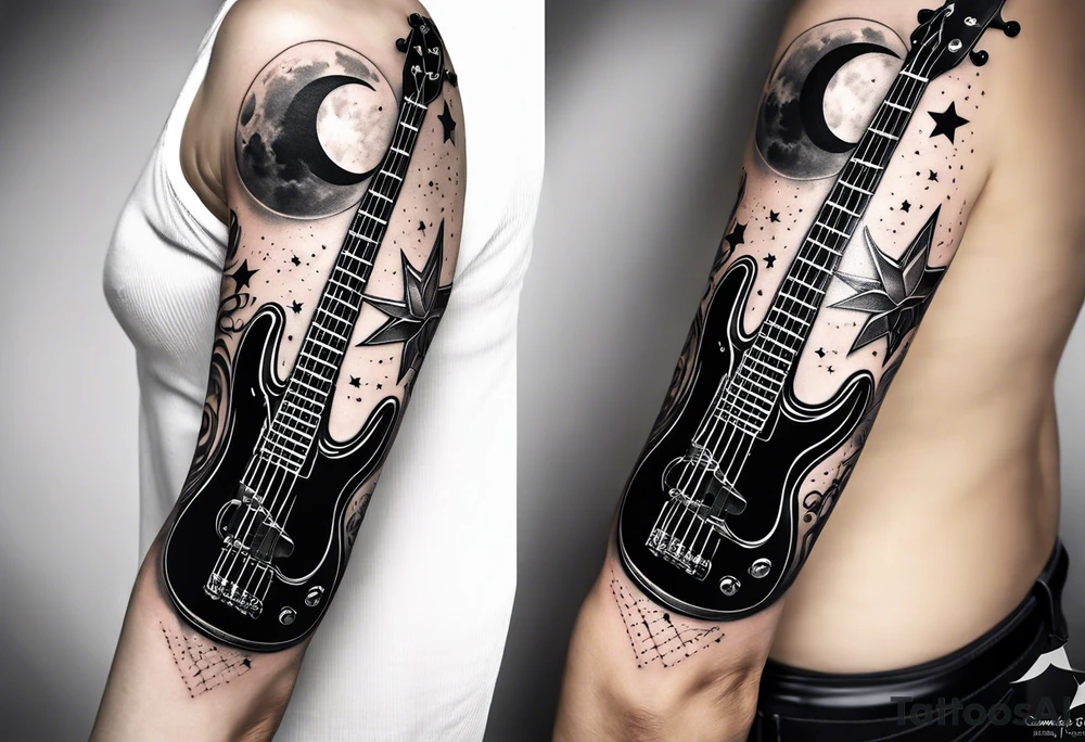 A well balanced tattoo full left arm with the following images:
a bass guitar, 
2 stars, 
1 quarter moon, 
a caduceus symbol and 
a mickey mouse shadow tattoo idea