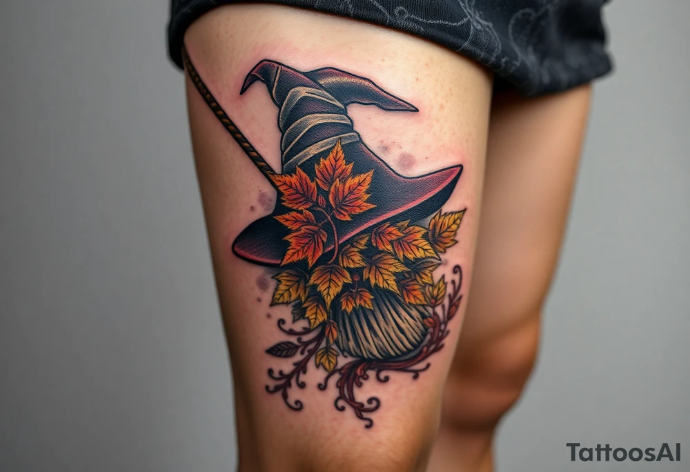 Which is broom with handle
 a witches hat with fall maple leaves, feathers and vines tattoo idea