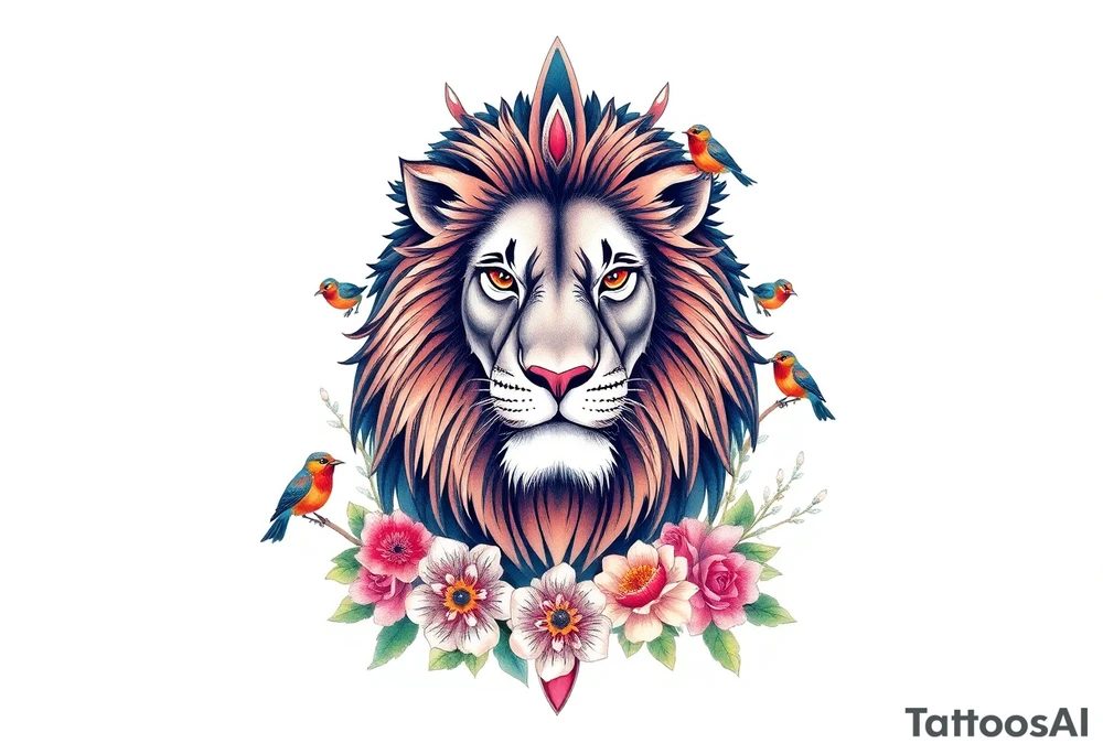 powerful majestic lion with a crown, surrounded by floral ornaments and birds tattoo idea