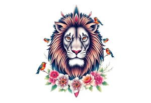 powerful majestic lion with a crown, surrounded by floral ornaments and birds tattoo idea