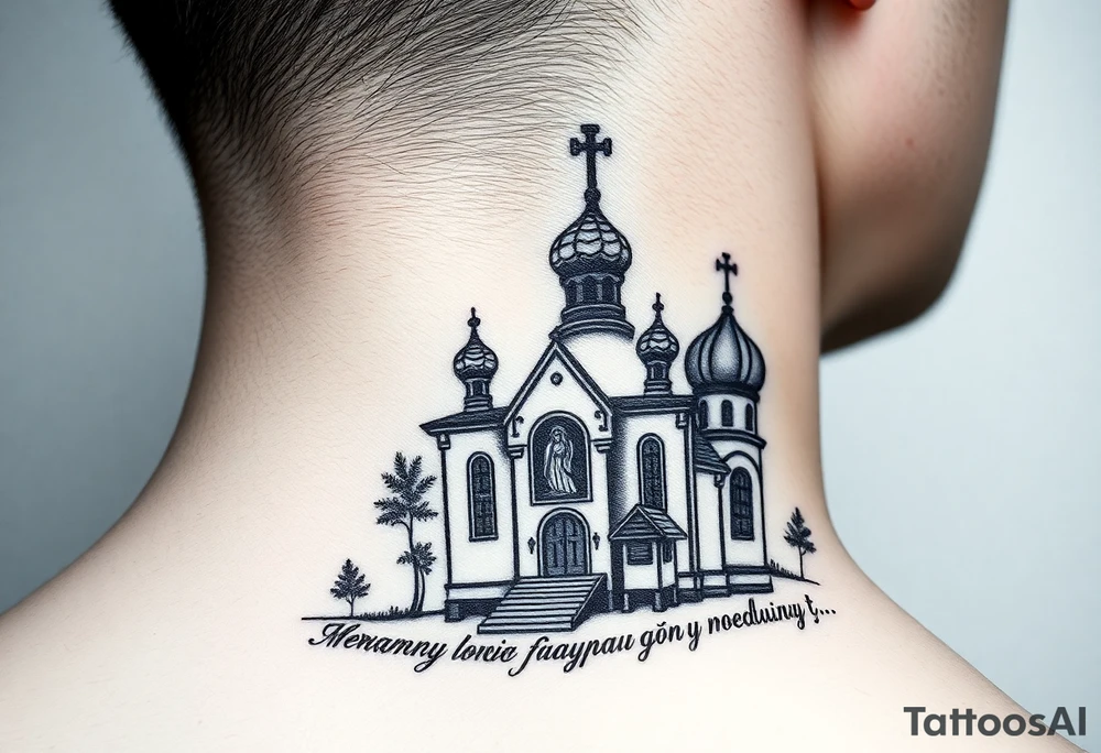 rusian orthodox domes church with a virgin mary in a russian rural village with Church Slavonic script or Cyrillic text — a prayer or meaningful phrase running along the sides tattoo idea