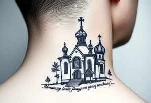 rusian orthodox domes church with a virgin mary in a russian rural village with Church Slavonic script or Cyrillic text — a prayer or meaningful phrase running along the sides tattoo idea