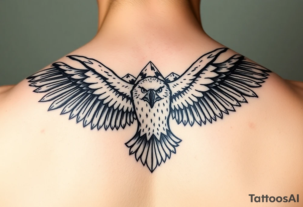 majestic eagle spreading wings against mountain peaks tattoo idea