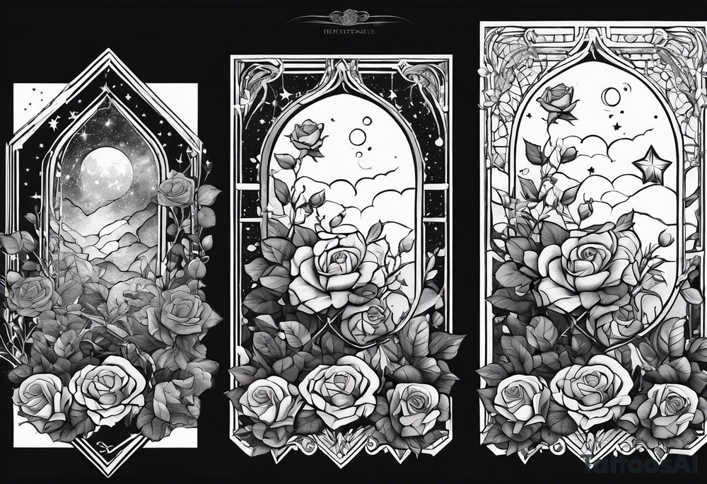 Tesseract with a field of small roses and stars around it tattoo idea