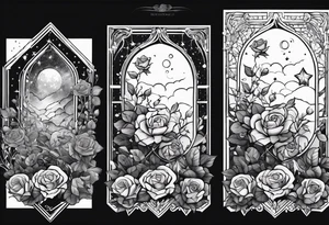 Tesseract with a field of small roses and stars around it tattoo idea
