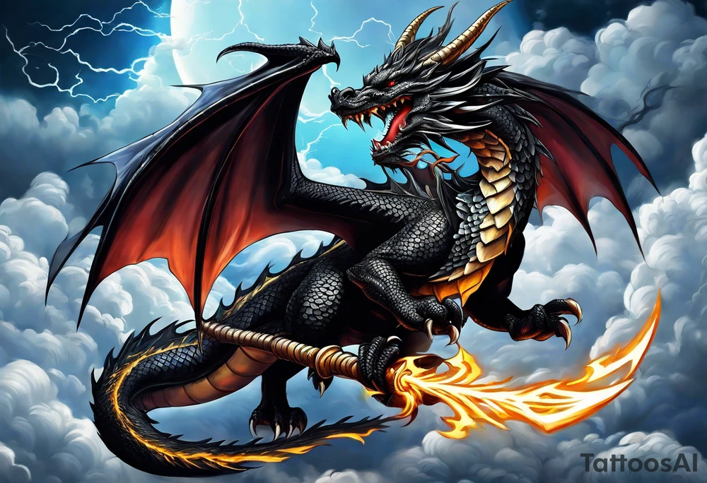 Black dragon with a dagger tail. In the clouds with lightning. tattoo idea