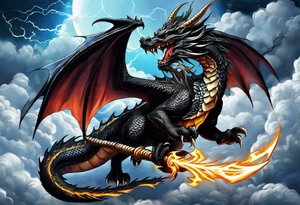 Black dragon with a dagger tail. In the clouds with lightning. tattoo idea