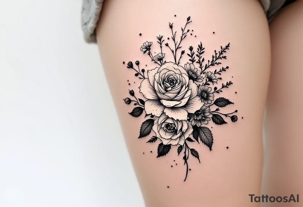 vintage bouquet of wild roses and meadow flowers with morning dew tattoo idea
