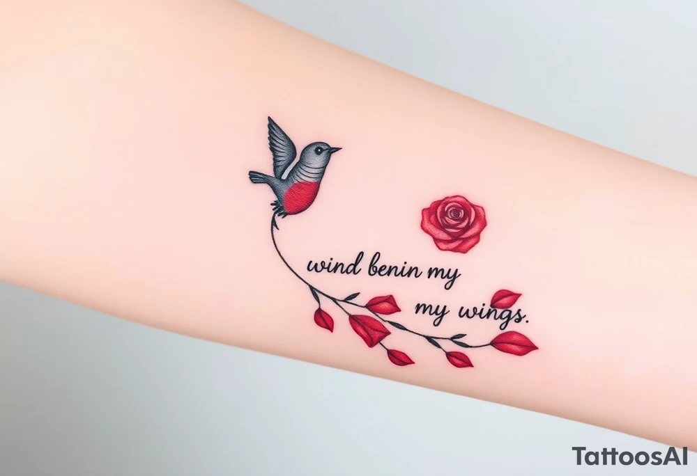 Soaring robin with trail of red rose petals with writing saying wind beneath my wings tattoo idea