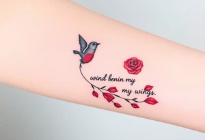 Soaring robin with trail of red rose petals with writing saying wind beneath my wings tattoo idea