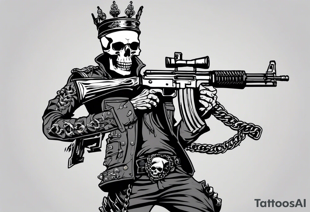 image of a skeleton standing frontally with a crown on his head, holding an AK-47 on his shoulder with his right hand. The chain on the left should be taut, there are three angry barking Dobermans in it, near the waist tattoo idea