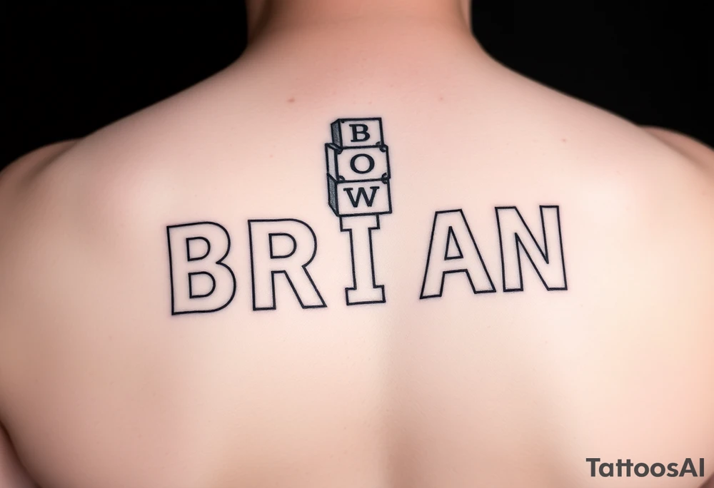 THE NAME "BRIAN" WITH EACH INDIVIDUAL LETTER WRITTEN ON BABY BLOCKS THAT ARE STACKED ON TOP OF ONE ANOTHER IN A STAGGARED POSITION tattoo idea