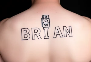 THE NAME "BRIAN" WITH EACH INDIVIDUAL LETTER WRITTEN ON BABY BLOCKS THAT ARE STACKED ON TOP OF ONE ANOTHER IN A STAGGARED POSITION tattoo idea