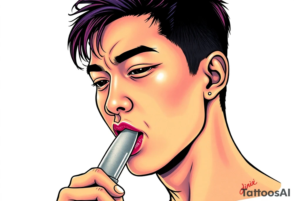 Handsome Asian young guy is licking a knife tattoo idea