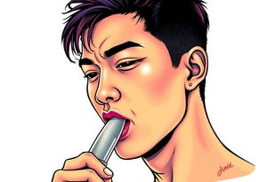 Handsome Asian young guy is licking a knife tattoo idea
