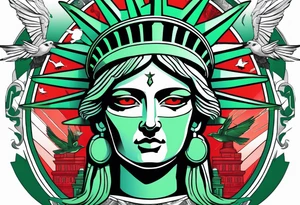 the statue of liberty with a skull for a face, and green dollar signs for eyes, with a red sun behind it with birds flying towards it tattoo idea