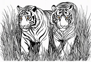 tigers stalking from behind grass tattoo idea