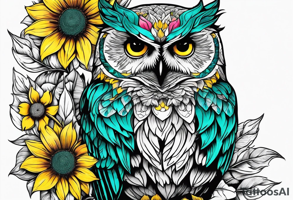 Sleeve with teal, pink and yellow owl and yellow sunflowers tattoo idea