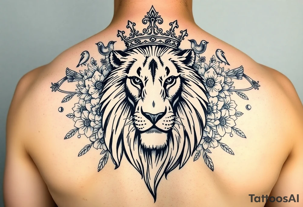 powerful majestic lion with a crown, surrounded by floral ornaments and birds tattoo idea