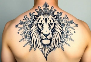 powerful majestic lion with a crown, surrounded by floral ornaments and birds tattoo idea