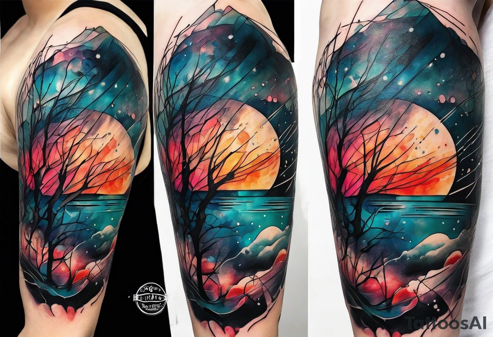 large forearm tattoo with lines, splatters, circles. more negative space tattoo idea
