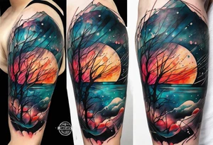 large forearm tattoo with lines, splatters, circles.  more negative space tattoo idea