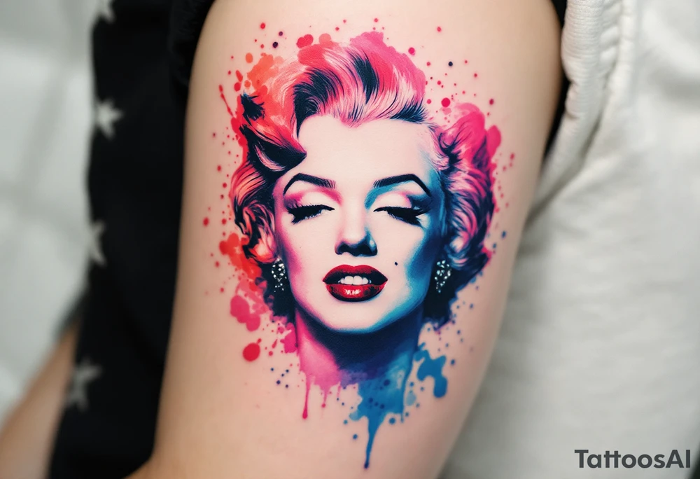 Watercolor Marilyn Monroe tattoo with splashes of red, pink, and blue around a classic black-lined face. tattoo idea