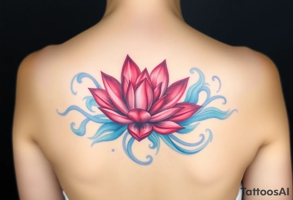 A soft red water lily, with darker edges and lighter pink hues in the center, surrounded by intricate swirling water in cool blues, representing passion and fluidity. tattoo idea