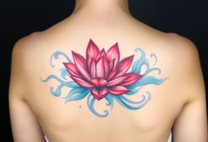 A soft red water lily, with darker edges and lighter pink hues in the center, surrounded by intricate swirling water in cool blues, representing passion and fluidity. tattoo idea