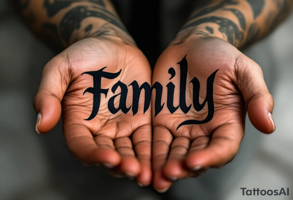 The word family in elegant black ink, held by two open hands shaded in warm sepia tones. tattoo idea