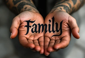 The word family in elegant black ink, held by two open hands shaded in warm sepia tones. tattoo idea