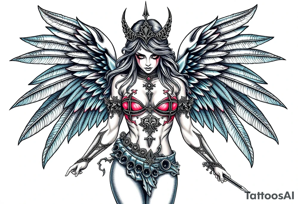 Goth angel sexy full body warrior tattoo idea