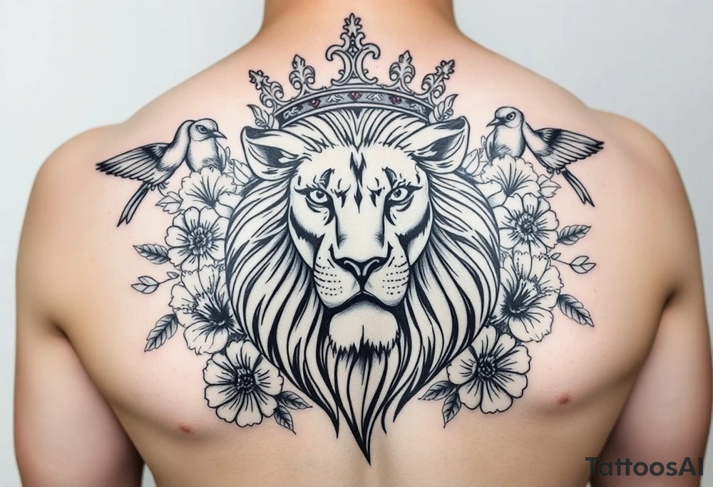 powerful majestic lion with a crown, surrounded by floral ornaments and birds tattoo idea