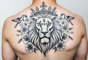 powerful majestic lion with a crown, surrounded by floral ornaments and birds tattoo idea