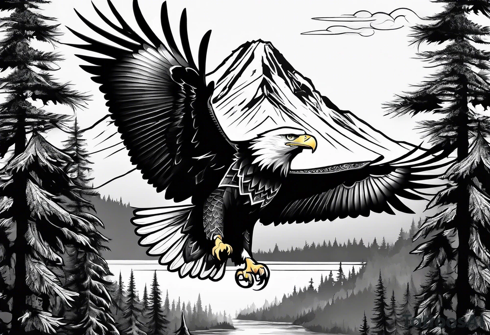 Eagle with forest scenery and compass tattoo idea
