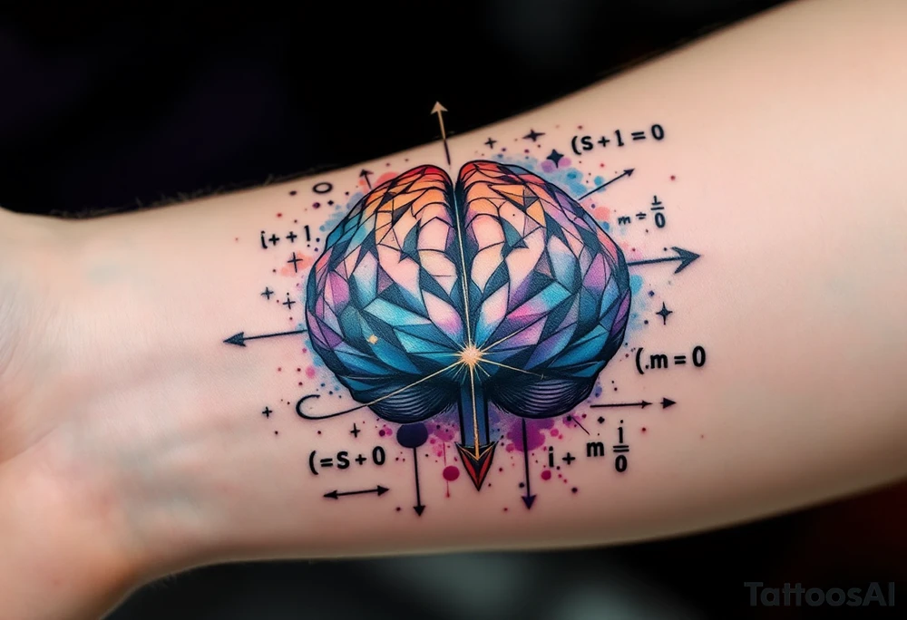A front-seen brain in geometric and straight lines, math symbols arround. A detailed arrow crosses from below and exit from the top, with its tip desintegrating to represent entropy and watercolor stains. Around of the main tattoo, math and physics formulas fill the space, including the formula "ΔS ≥ 0" and the formula "(iδ + m) Φ = 0" tattoo idea