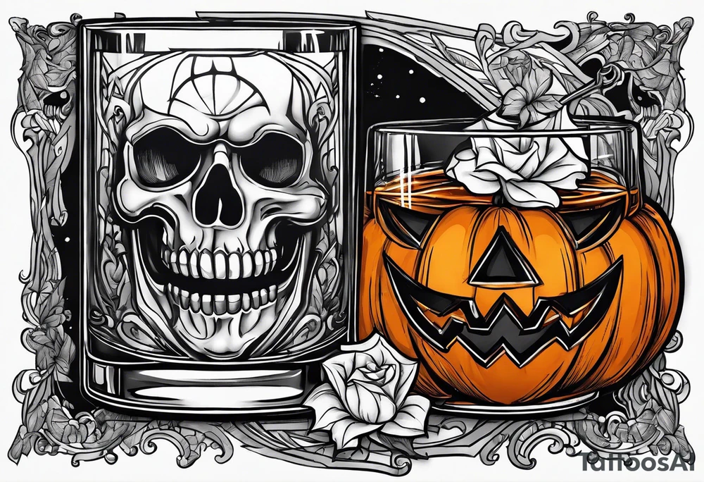 glass of whiskey with one single ice cube that is the Halloween jack-o-lantern tattoo idea