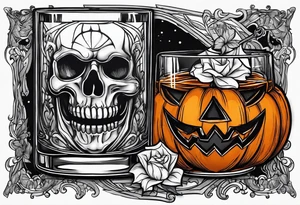 glass of whiskey with one single ice cube that is the Halloween jack-o-lantern tattoo idea