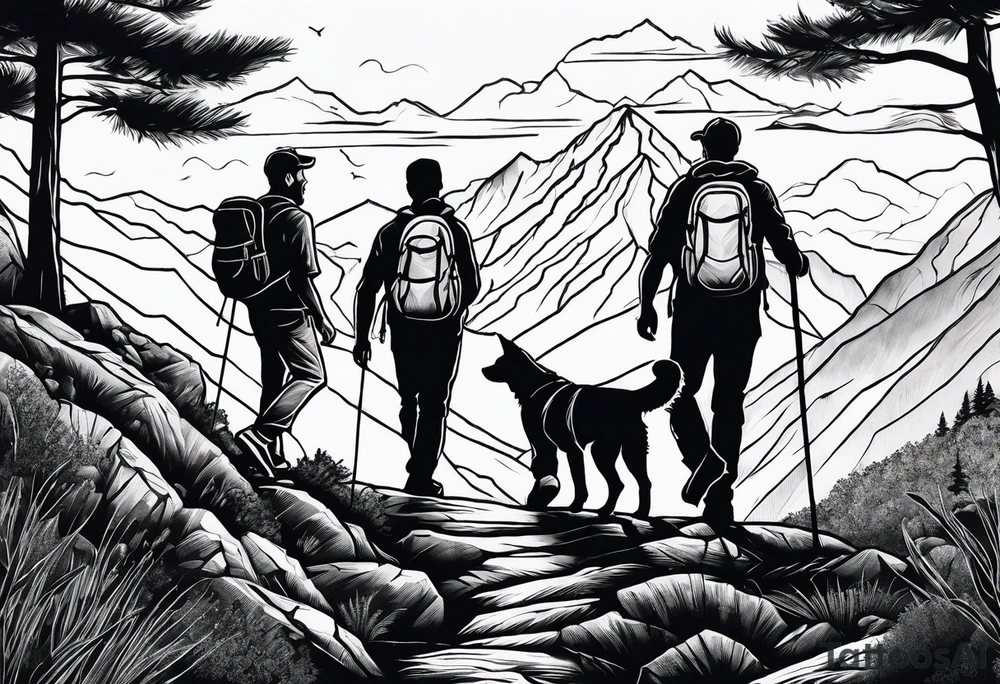 nature, sunset, mountains, a father and son hiking with their dog and cat and a cross tattoo idea