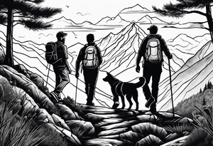 nature, sunset, mountains, a father and son hiking with their dog and cat and a cross tattoo idea