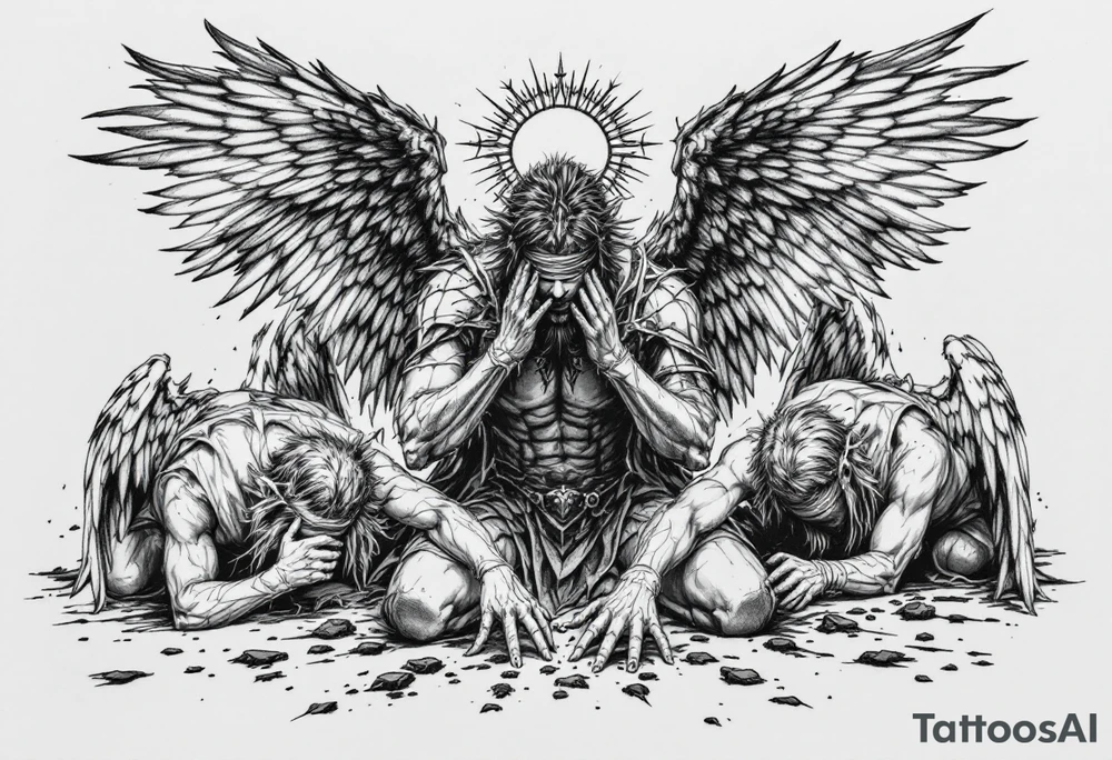 Lucifer Morningstar fallen angels on knees down head looking nonsense dropped hands on ground, 
Blindfold,
While his gratful wings scattered in the sky,
With hand armour and shining halo tattoo idea