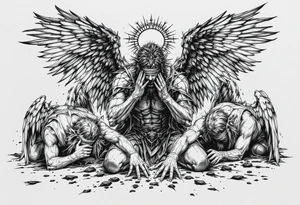 Lucifer Morningstar fallen angels on knees down head looking nonsense dropped hands on ground, 
Blindfold,
While his gratful wings scattered in the sky,
With hand armour and shining halo tattoo idea