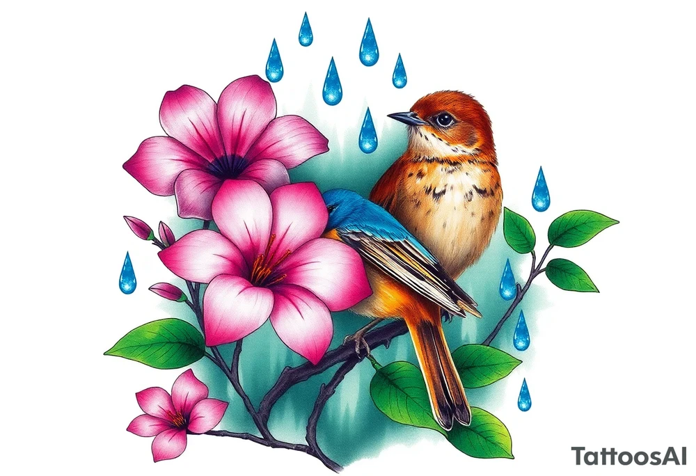 green forest background
blue rain drops
pink camelia flower
blue brown wren bird tattoo idea