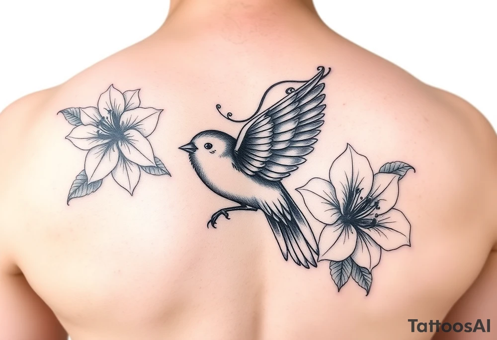Feminine bird and azalea tattoo idea