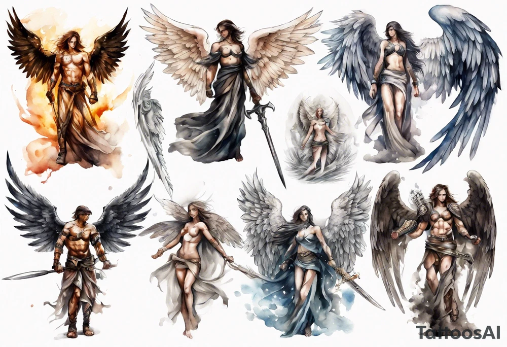 Full sleeve of a angel warrior tattoo idea