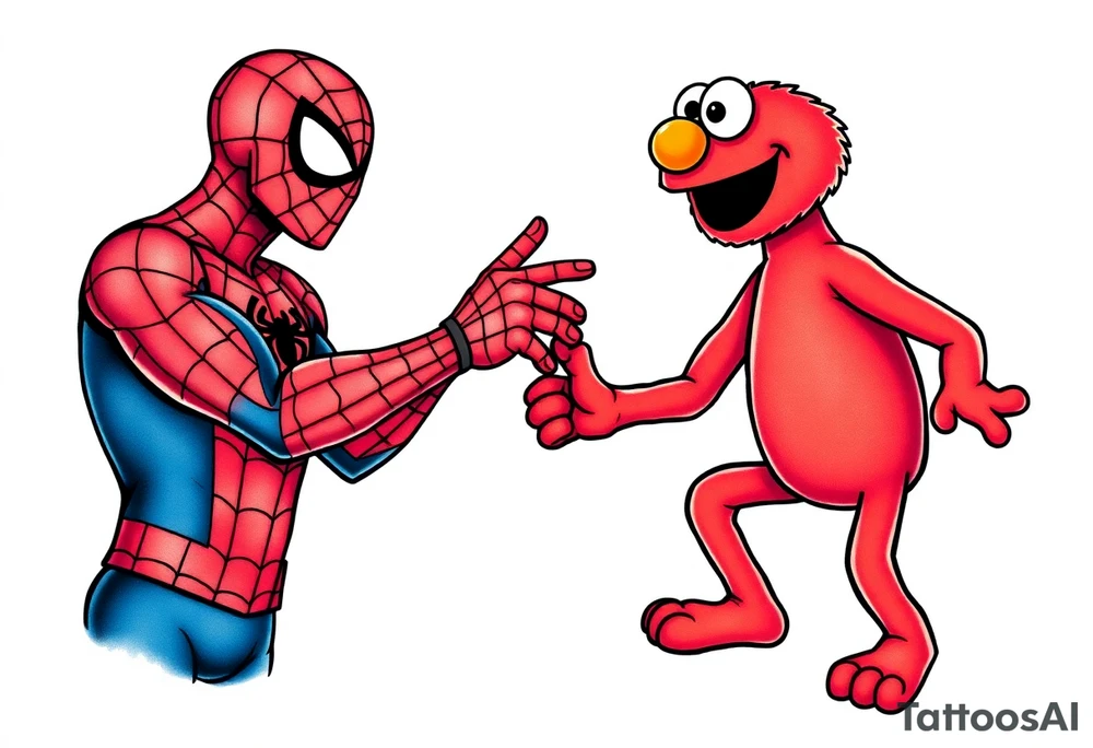 Spider-man and Elmo locking hands for a handshake tattoo idea