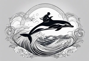 a man riding a dolphin, the dolphin is jumping out of the waves tattoo idea