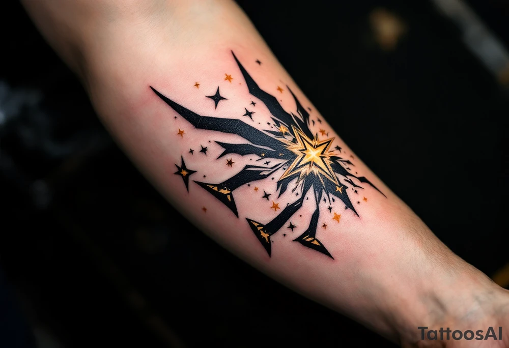 An abstract Capricorn tattoo featuring bold black lines and radiant yellow stars scattered in the pattern tattoo idea