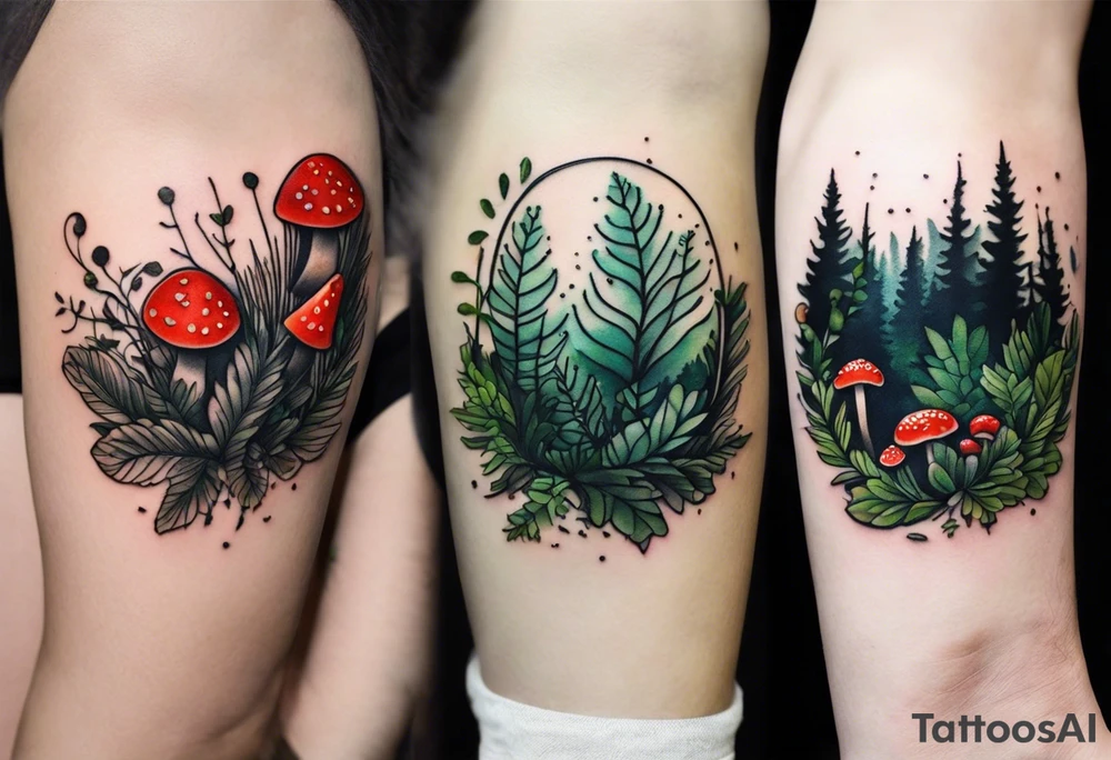 minimalistic forest floor inspired tattoo, which includes grass, curly ferns and dead leaves as the bulk of the tattoo. details to include: three  tiny strawberries, couple of very small mushrooms, a tiny bumblebee flying nearby tattoo idea